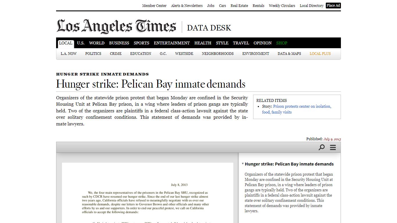 Hunger strike inmate demands: Hunger strike: Pelican Bay ...